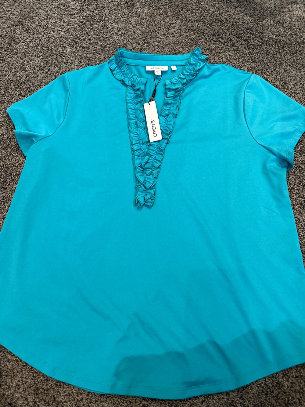 NWT. Chico's Teal Ruffle V-Neck Short Sleeve Blouse size L.